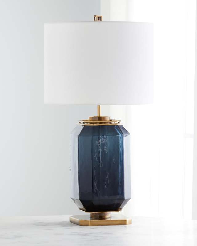 Navy Blue Glass and Brass Table Lamp